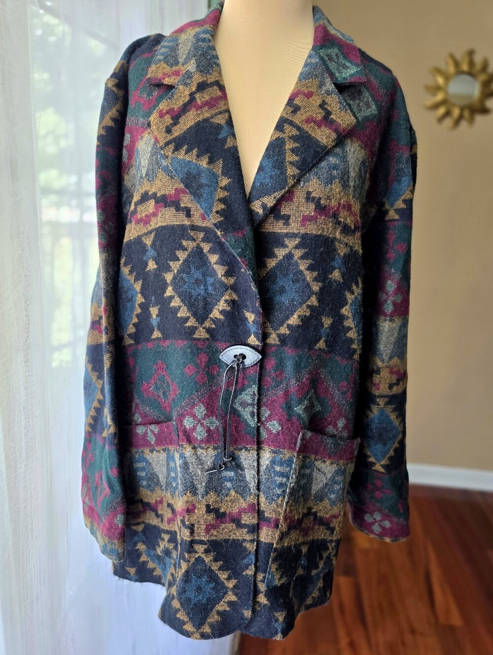 Vintage Southwestern Wool Blend Geometric Coat Oversized Western Jacket Size L
